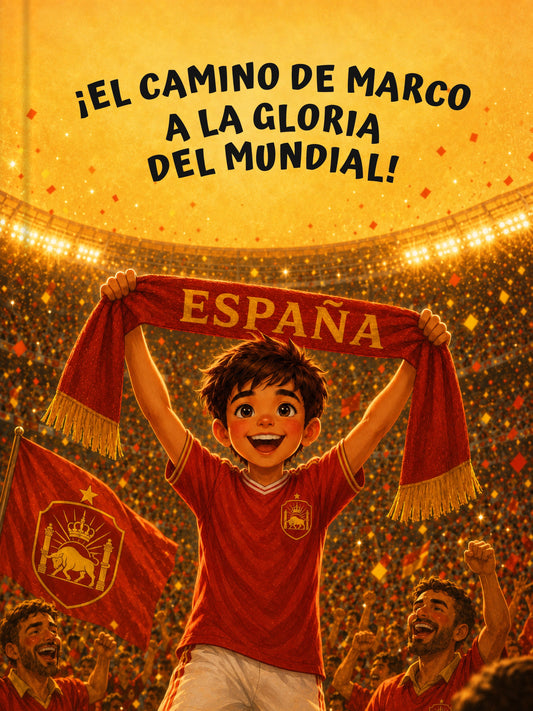 Portada del cuento personalizado de España del Mundial 2026 con un niño vestido de la Roja