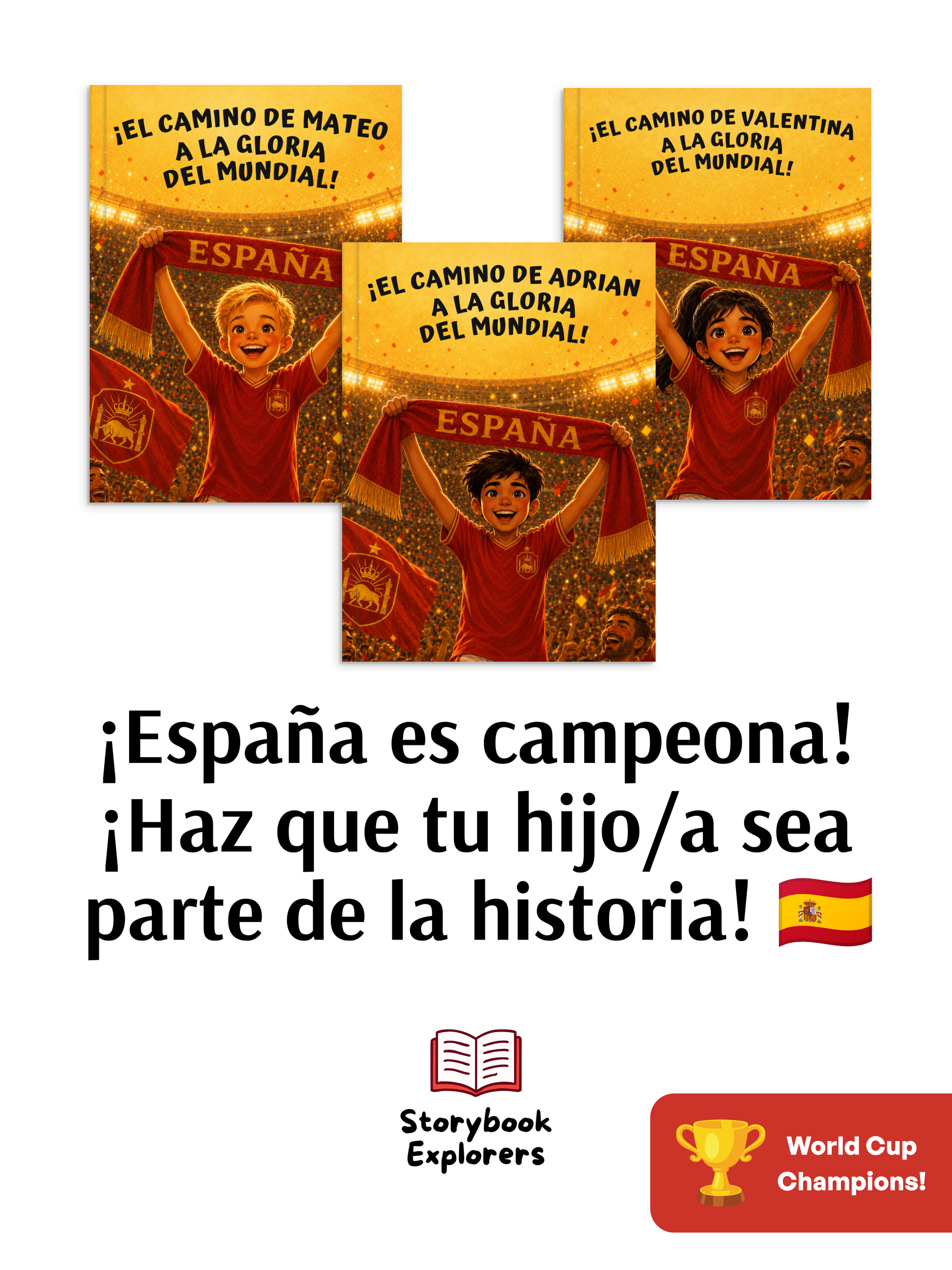 Cuento personalizado de España del Mundial abierto, con el niño protagonista vestido de la Roja